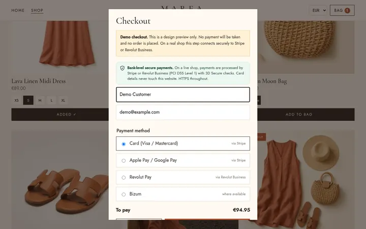 Demo checkout (Stripe / Revolut)